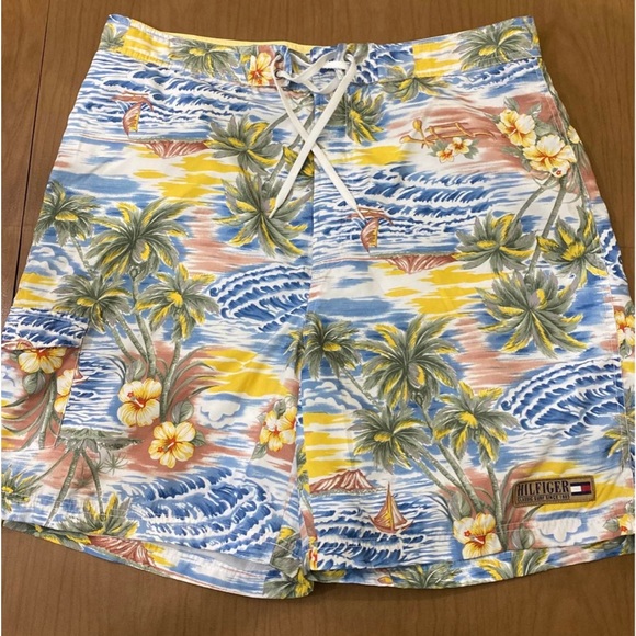 Mens Vintage Tommy Hilfiger Swim Trunks Tropical Print XL - Picture 1 of 6